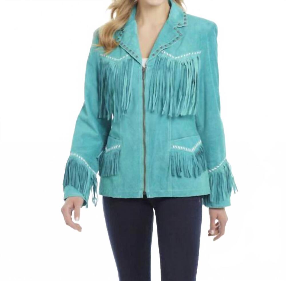 NEW CRIPPLE CREEK women's suede studded zip front jacket in turquoise